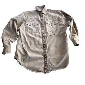 Together! Western Style Button Down Shirt Tan Geometric Trim Long Sleeve Size M